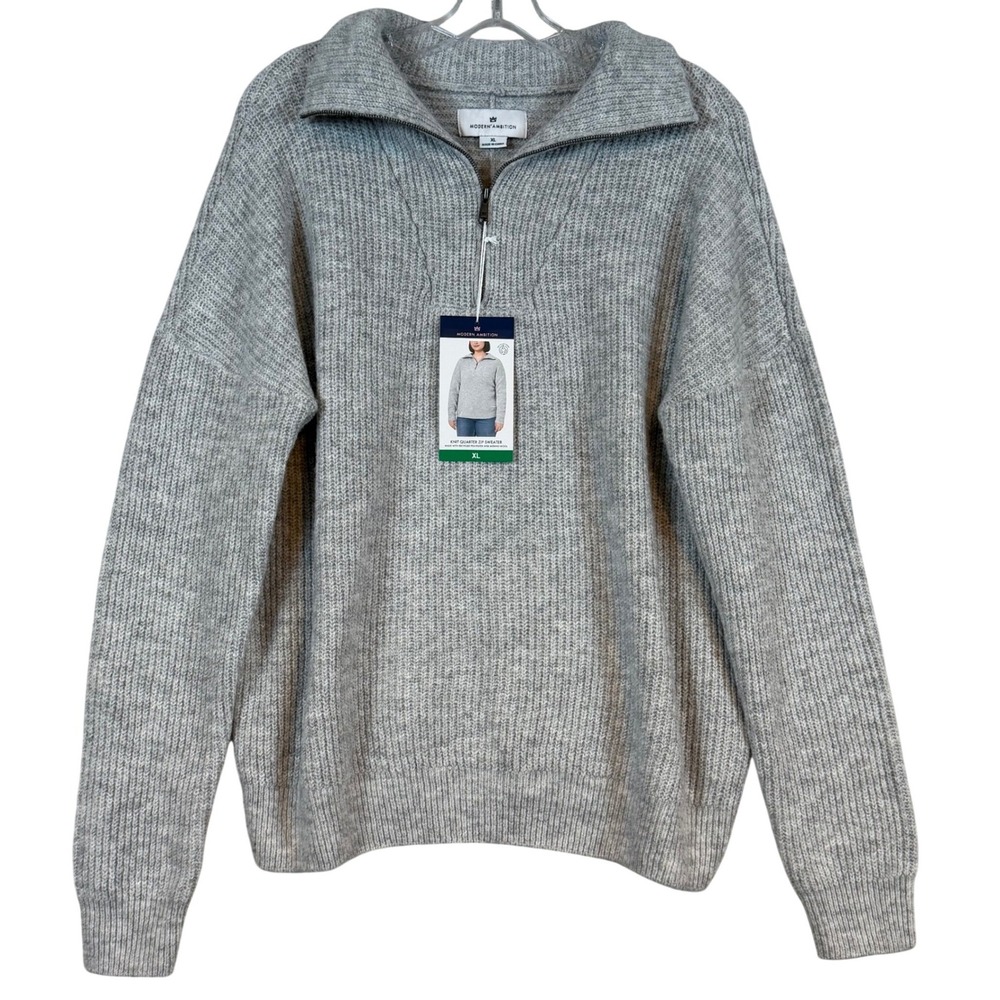Modern Ambition Womens XL Gray Knit Quarter Zip Sweater Merino Wool Blend NWT‎